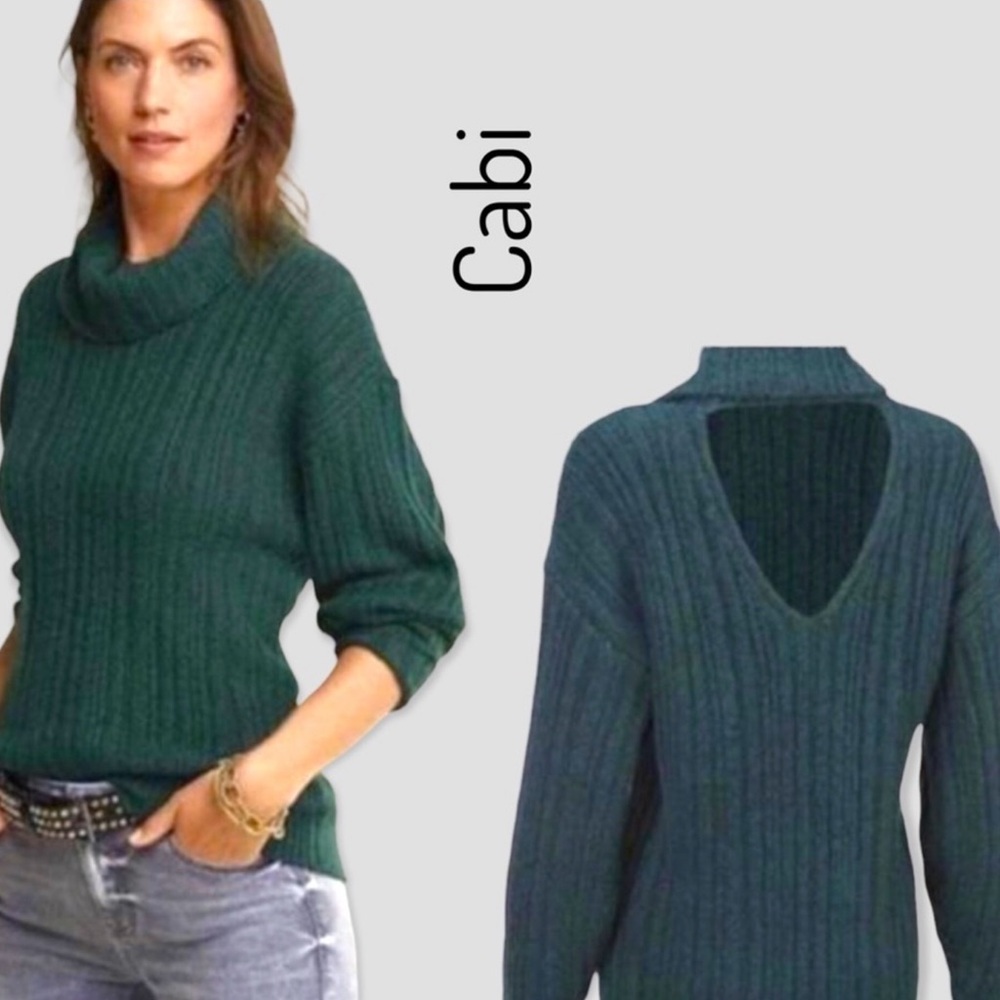 CAbi Tryst Green Open Back, Cowl Neck Sweater